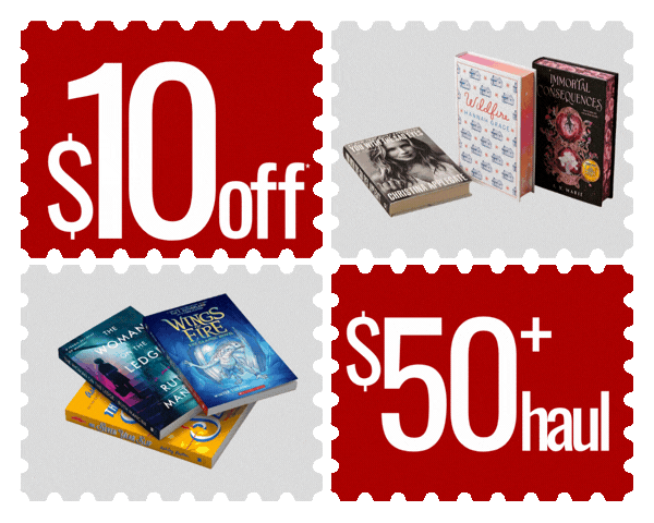 Book Outlet graphic promoting $10 off a $50+ haul, featuring a selection of bestselling books including Immortal Consequences, The Romanov Bride, and Wings of Fire.