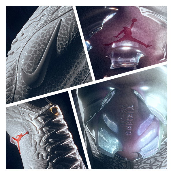 Collage of close-up shots of white Nike Air Jordan trainers showing the Swoosh, red Jumpman logo, textured leather, laces and translucent sole