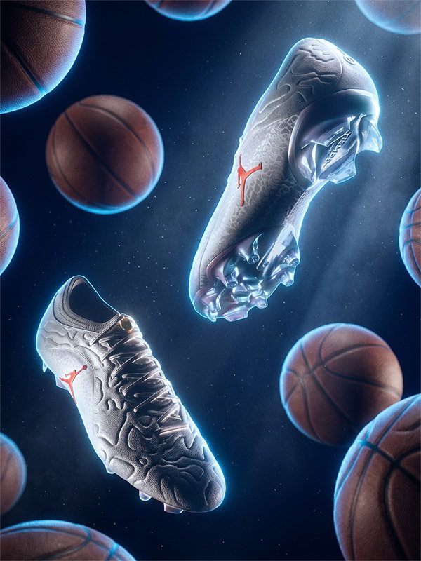 White football boots with red Jumpman logo floating among basketballs against a dark glowing background