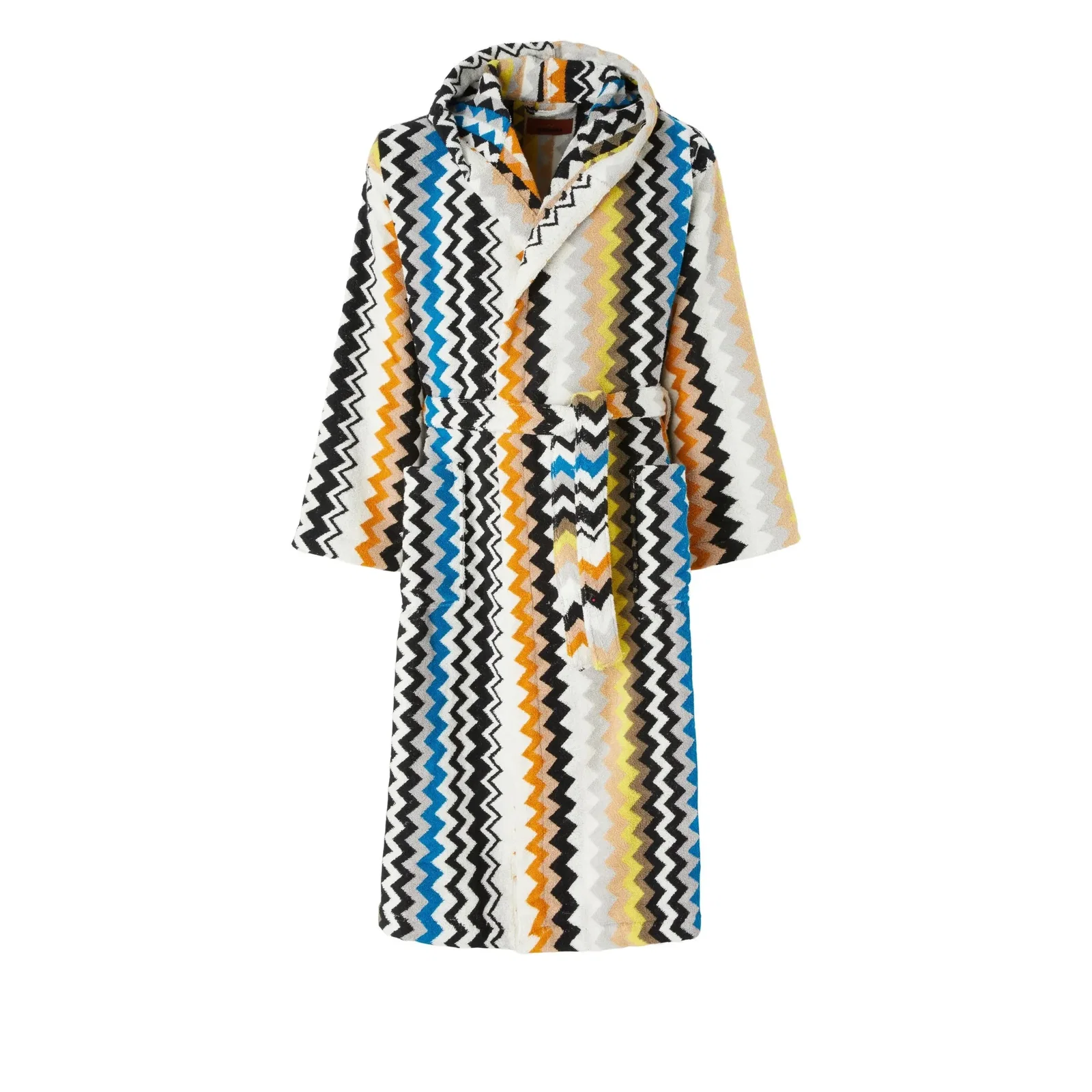 Hooded colourful towelling bathrobe with zigzag chevron stripes in black, white, blue, orange and yellow, belted waist
