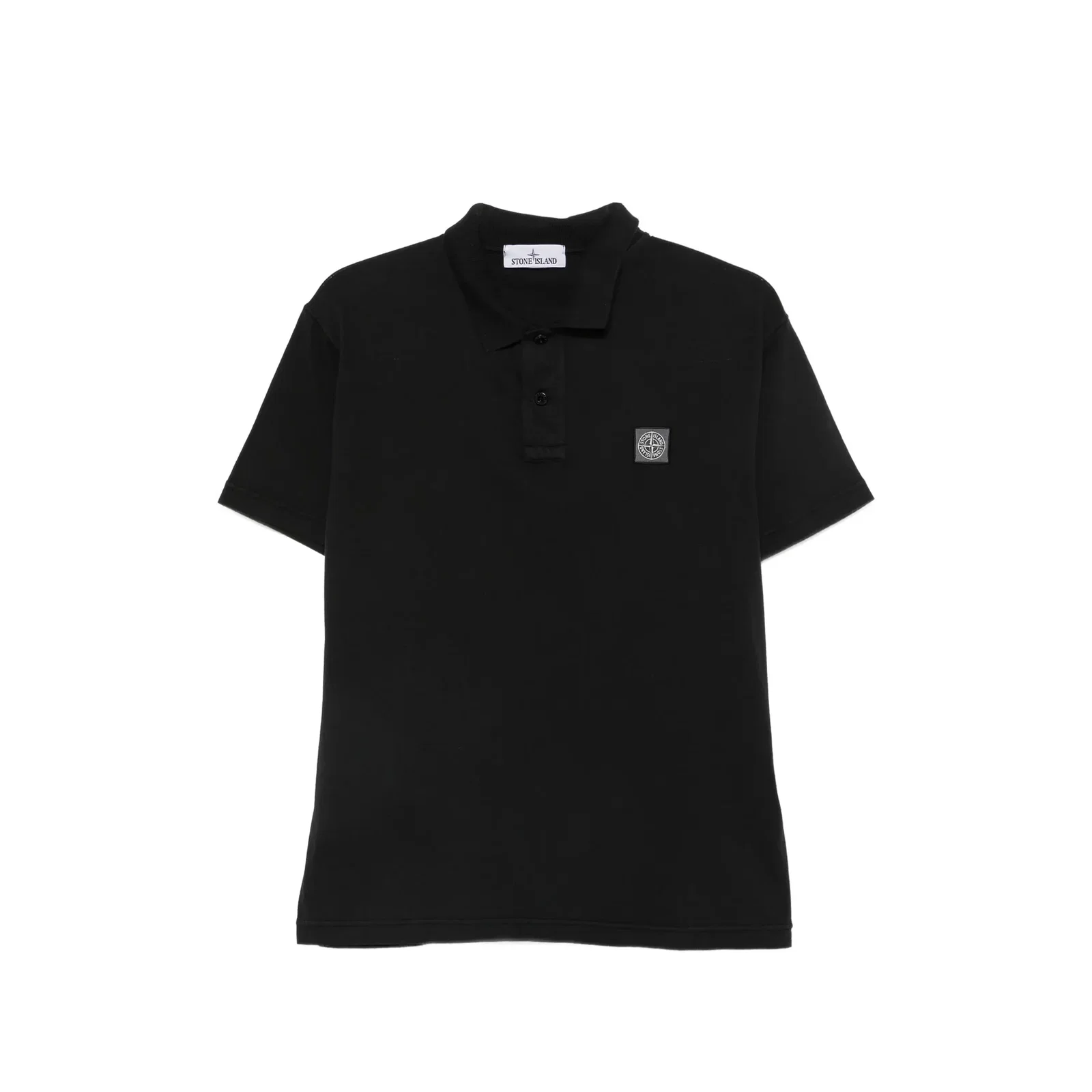 Black short-sleeved polo shirt with button placket and small Stone Island compass patch on chest, slim-fit