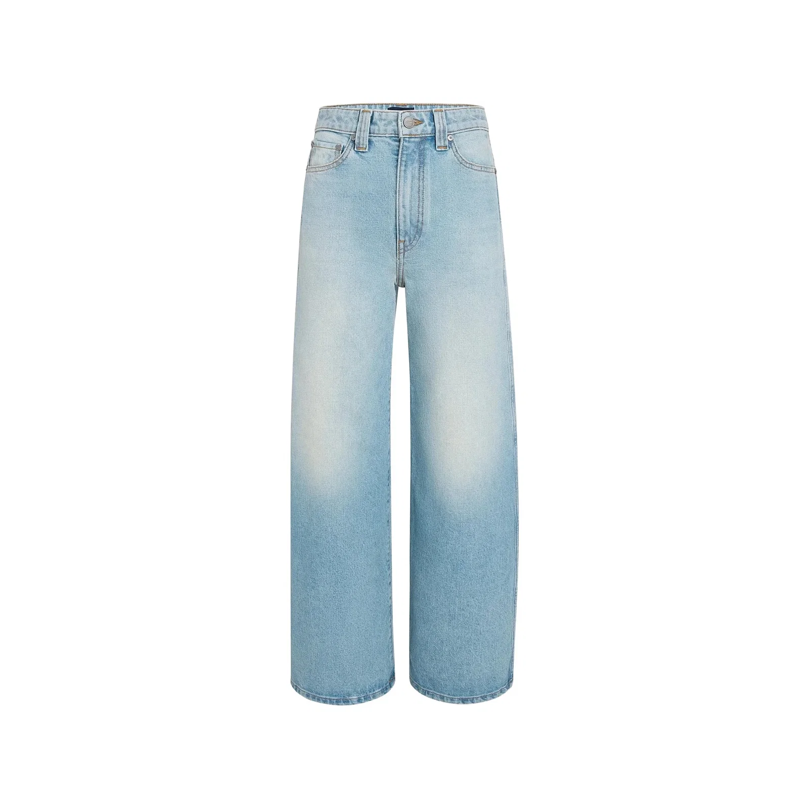 High-waisted wide-leg light-blue faded denim jeans with five-pocket styling on white background