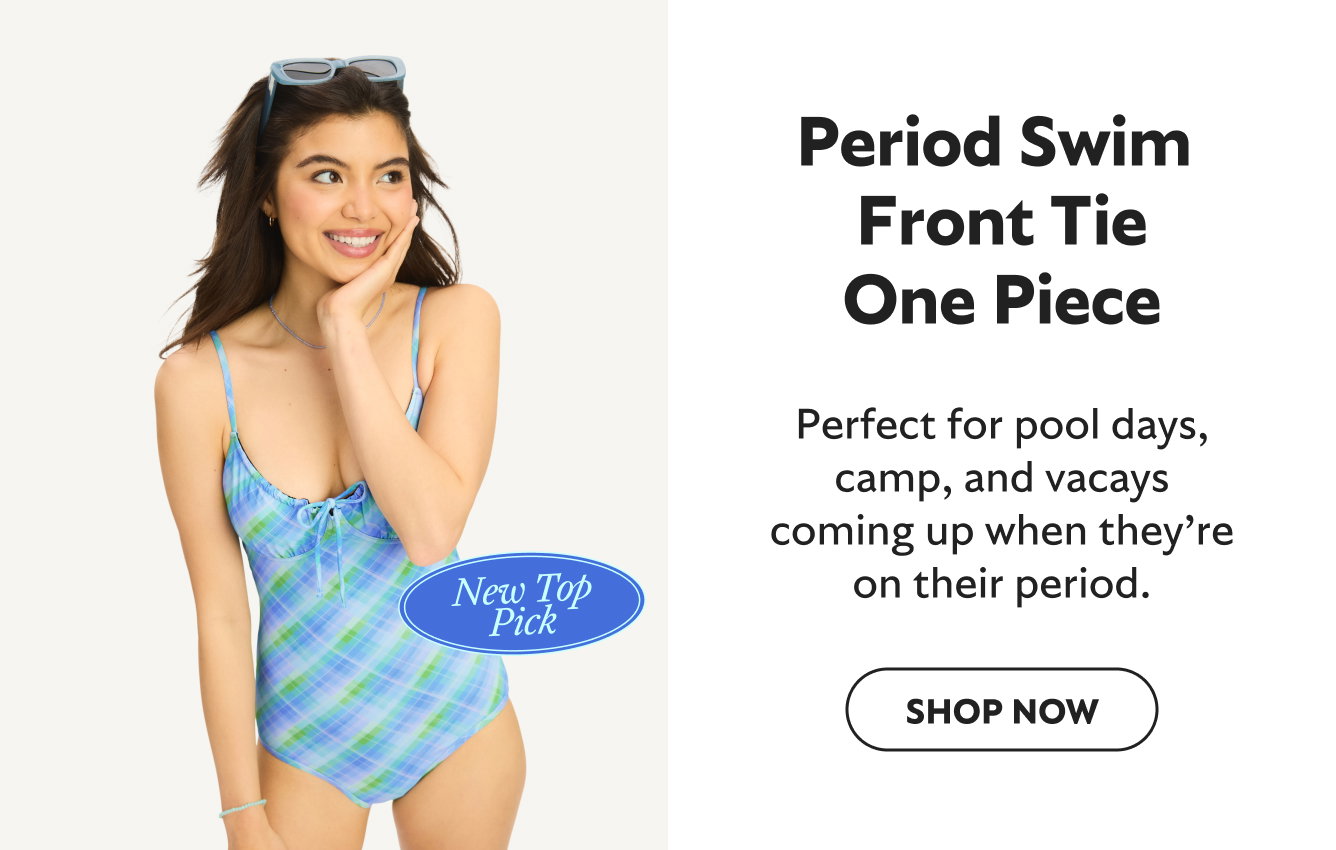 Period Swim Front Tie One Piece. New Top Pick. Perfect for pool days, camp, and vacays coming up when they're on their period. Shop now