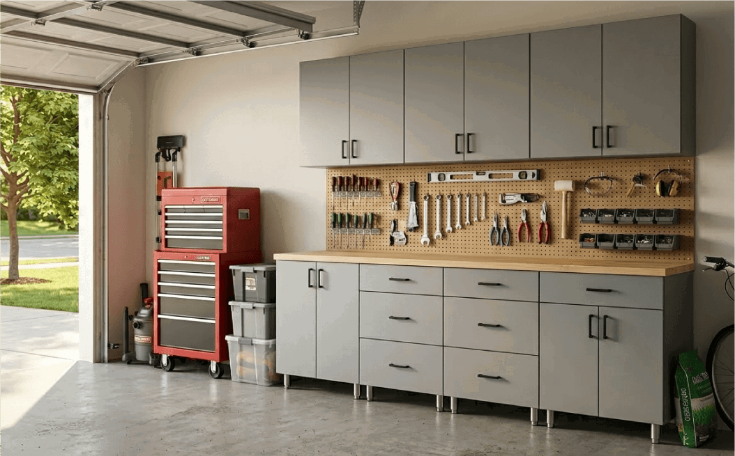 Organized garage with tools and storage cabinets.