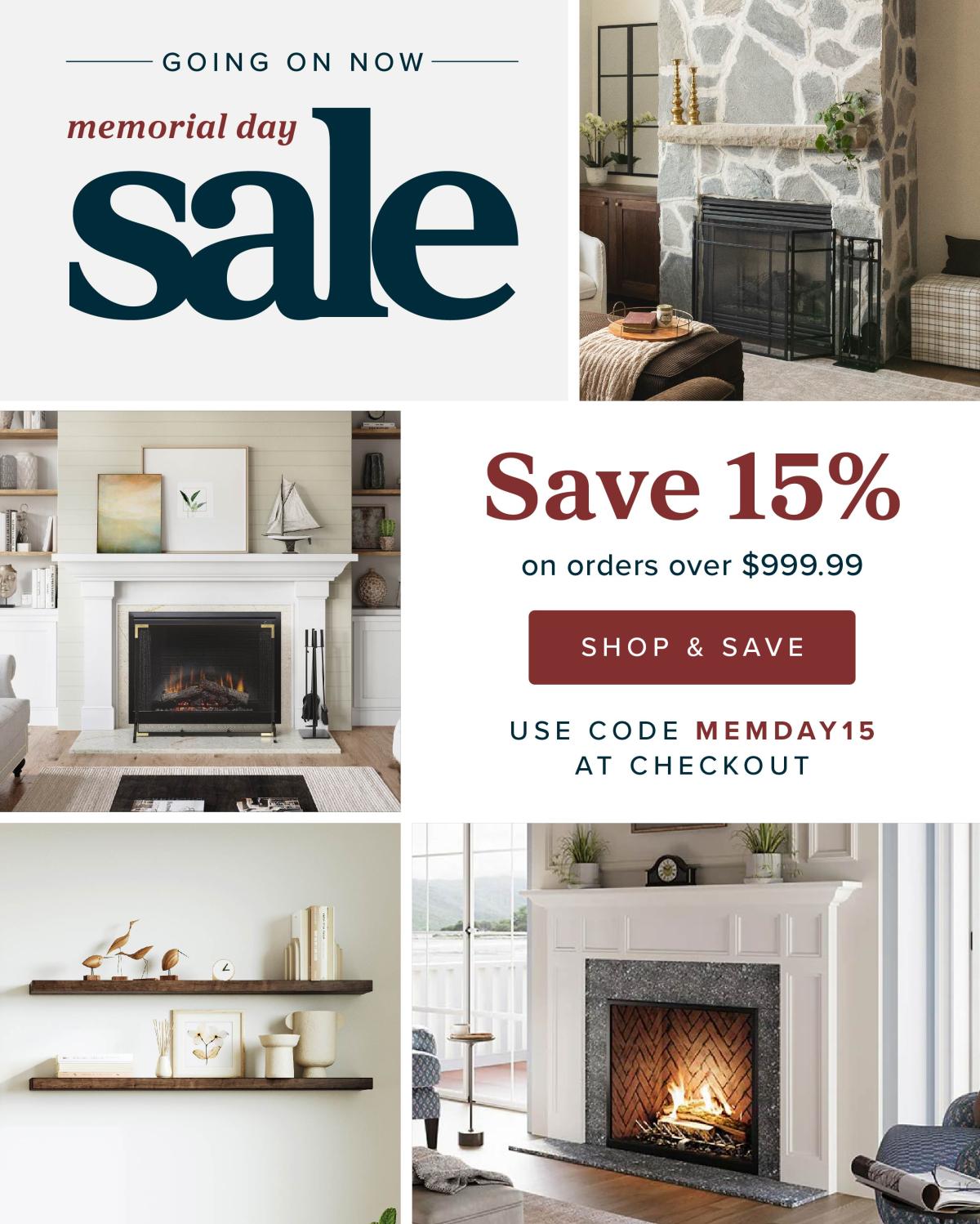 Memorial Day sale, save 15% on orders over $999+ with code.