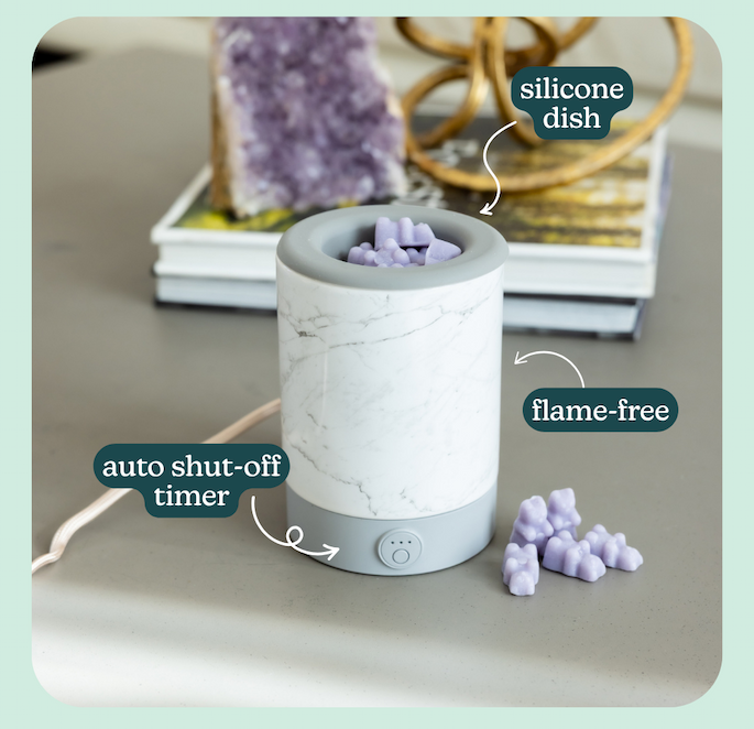 silicone dish. auto shut-off timer. flame-free. 