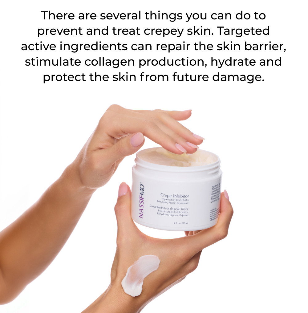 There are several things you can do to prevent and treat crepey skin. Targeted active ingredients can repair the skin barrier, stimulate collagen production, hydrate and protect the skin from future damage.