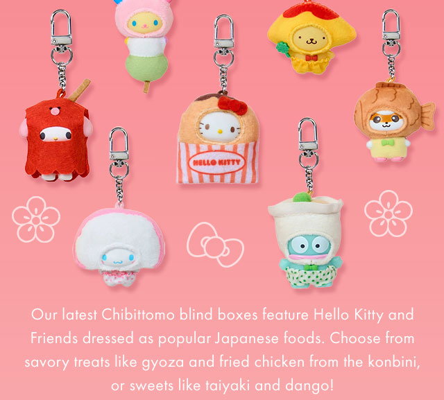  Our latest Chibittomo blind boxes feature Hello Kitty and Friends dressed as popular Japanese foods. Choose from savory treats like gyoza and fried chicken from the konbini, or sweets like taiyaki and dango! | Sanrio Characters Chibittomo Blind Boxes Bag Charms featured on a gradient background.