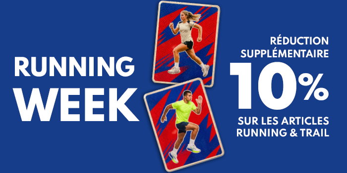 Promotional banner: 'Running Week' with two runners on cards, offering an extra 10% off running and trail items