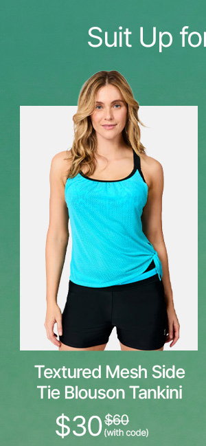 women's textured mesh side tie blouson tankini top