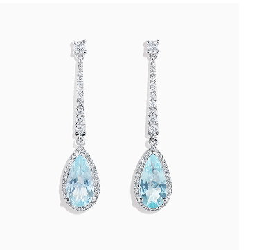 14K White Gold Aquamarine and Diamond Linear Drop Earrings
