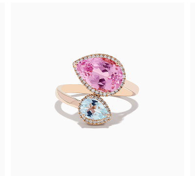 14K Rose Gold Kunzite and Aquamarine Diamond Toi et Moi Ring