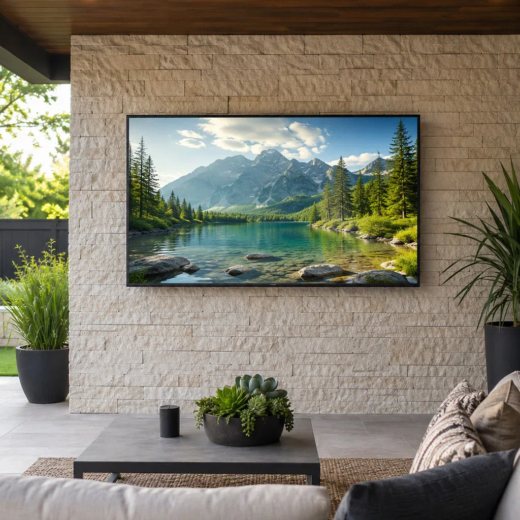 Modern outdoor patio with wall-mounted TV displaying mountain lake landscape scenery.