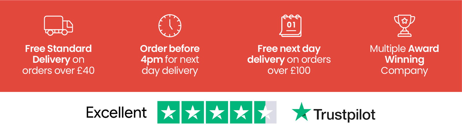 free standard delivery on orders over £40 | order before 4pm for next day delivery | free next day delivery on orders over £100 | winner of the retailer of the year 2025 | rated excellent on trustpilot 