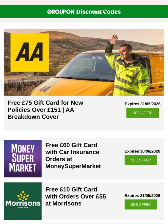AA Breakdown Cover - £75 gift card • MoneySuperMarket - £60 gift card • Morrisons - £10 gift card + more!