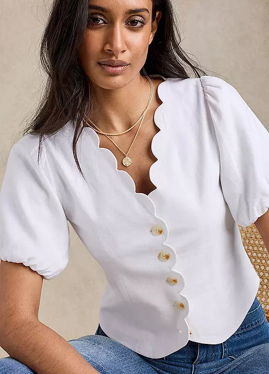 Together White Linen Blend Scallop Edge Top 