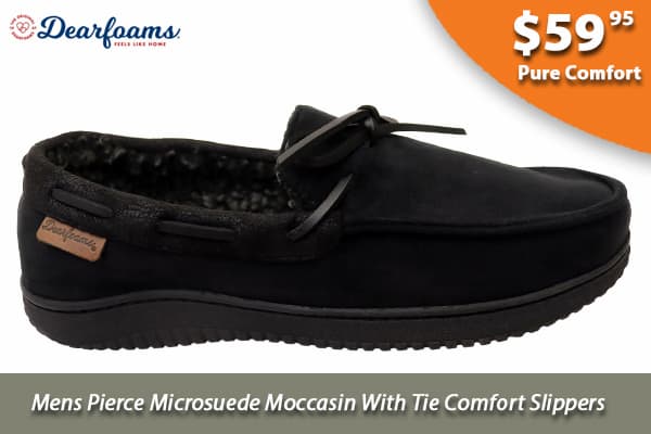 Dearfoams Mens Pierce Microsuede Moccasin With Tie Comfort Slippers