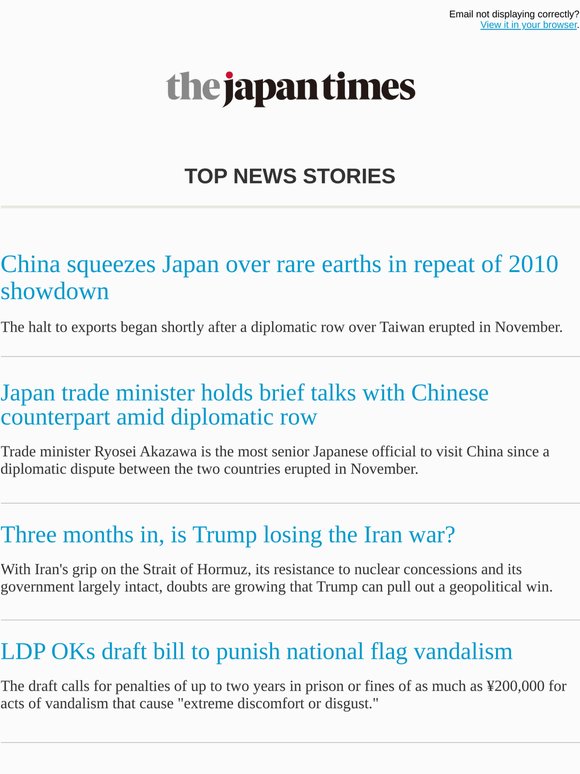 Today's top news: China squeezes Japan over rare earths in repeat of 2010 showdown