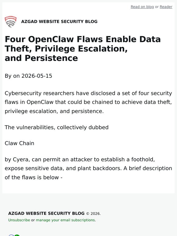 Four OpenClaw Flaws Enable Data Theft, Privilege Escalation, and Persistence