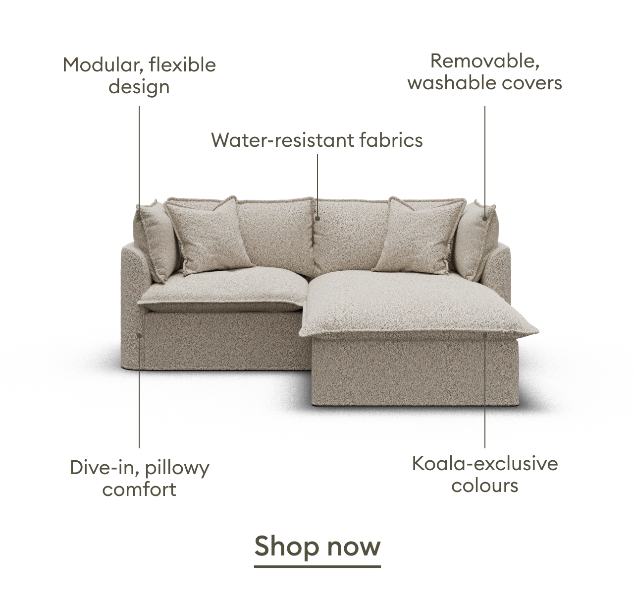Modular design, washable covers and pillowy comfort.
