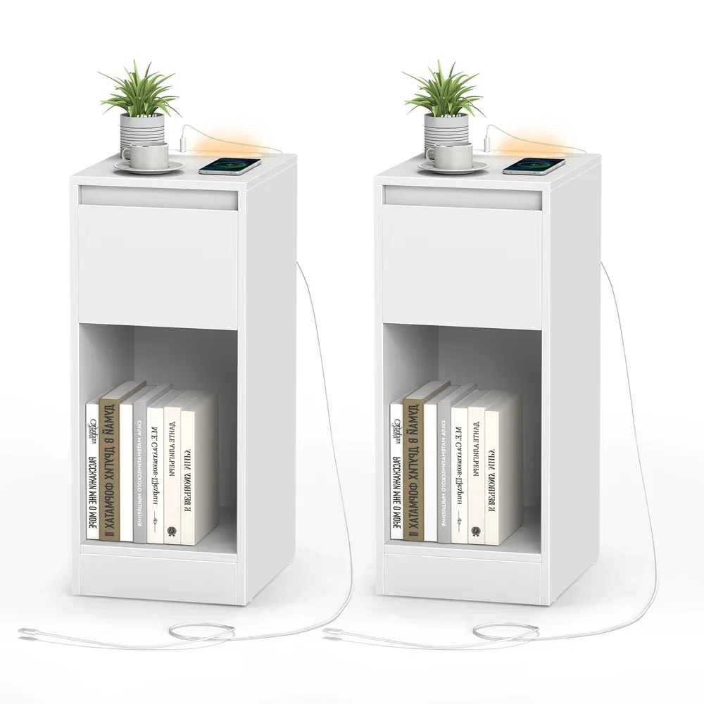 Image of Nachttisch mit LED Beleuchtung USB Anschlüssen und Schublade