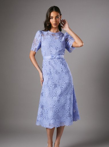 Lace Midi Dress With Bow Belt