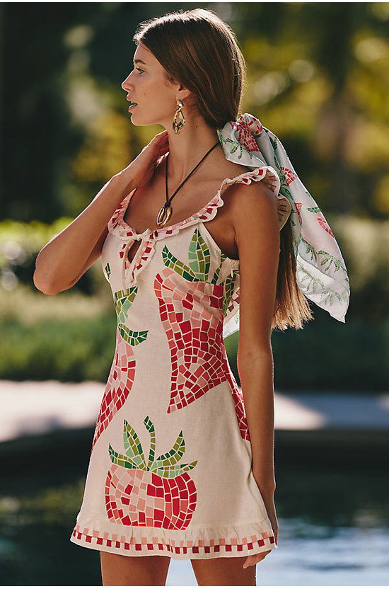 Celandine Strawberry Embroidered Open-Back Mini Dress