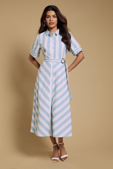 Petite Belted Stripe Shirt Midi Dress