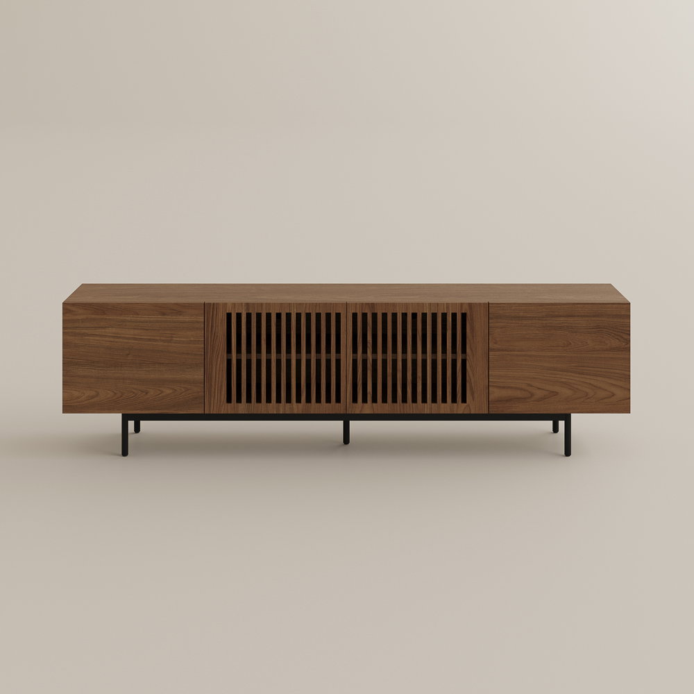 Image of Modern Wood TV Stand, Minimalist Slatted Media Console with Tall-Cast Metal Legs, Walnut Veneer