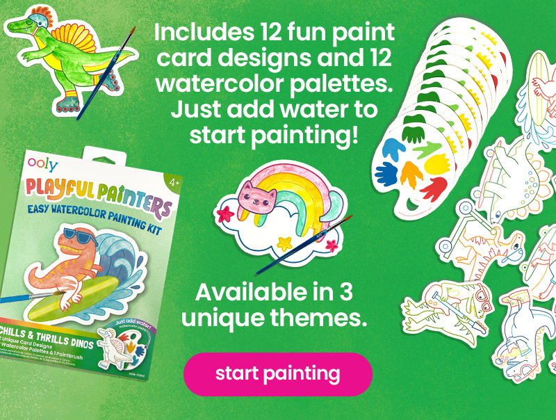 Includes 12 fun paint card designs and 12 watercolor palettes. Just add water to start painting! Available in 3 unique themes. start painting