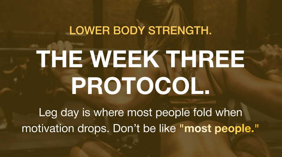 Lower Body Strength. THE WEEK THREE PROTOCOL. Leg day is where most people fold when motivation drops. Don’t be like "most people."