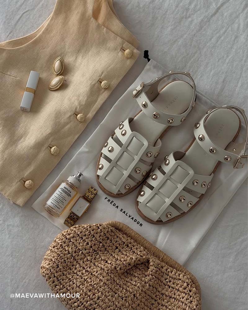 SERA fisherman sandal in dove with gold studs curated with earrings, lipstick, top, perfume and raffia bag