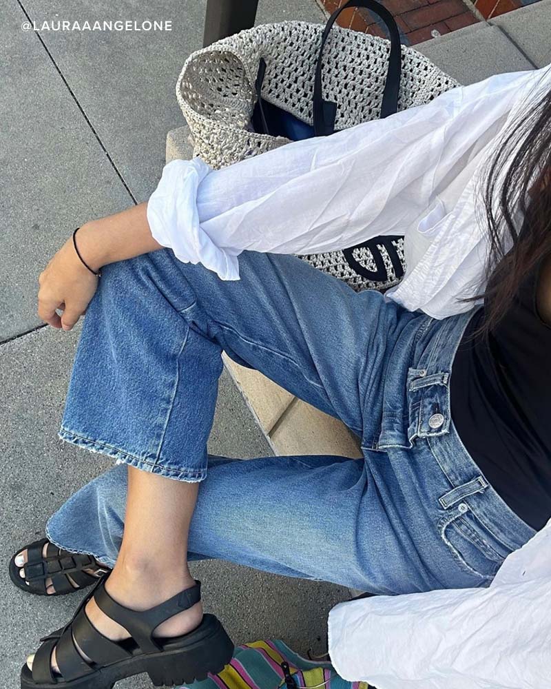DARYA fisherman sandal in black calf styled with denim and white linen top