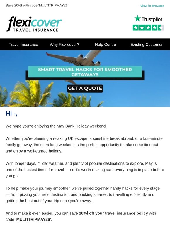 Ready for summer —? Save 20%Ɨ on travel insurance