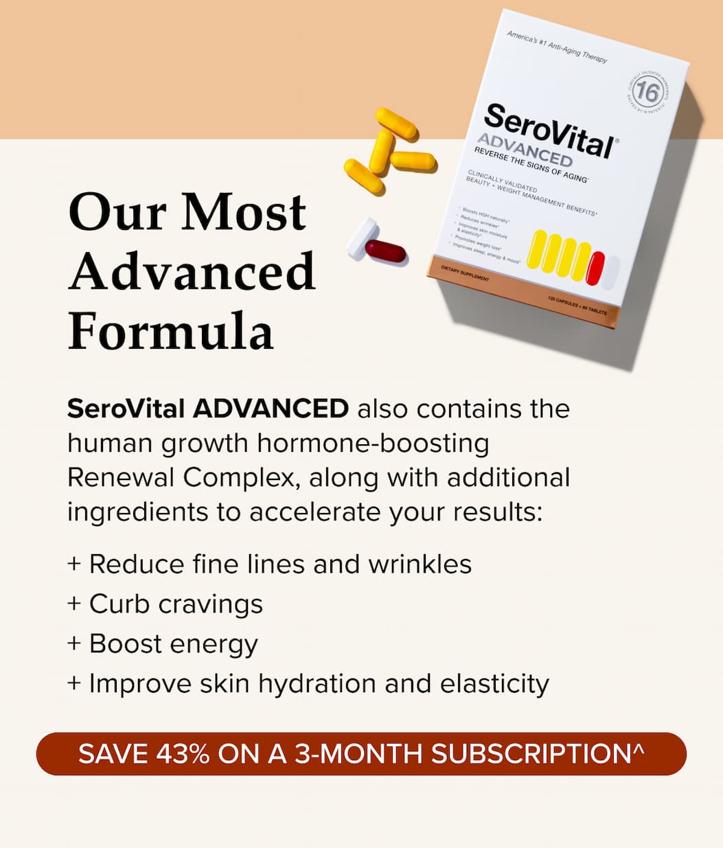 Our Most Advanced Formula. SeroVital ADVANCED also contains the human growth hormone-boosting Renewal Complex, along with additional ingredients to accelerate your results: + Reduce fine lines and wrinkles + Curb cravings + Boost energy + Improve skin hydration and elasticity.