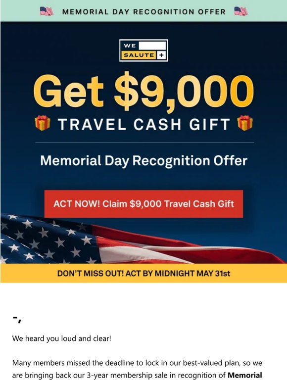 We’re honoring you this Memorial Day with $9,000 in Travel Cash 🇺🇸