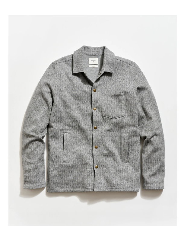 A grey shirt jacket made with Japanese textiles.