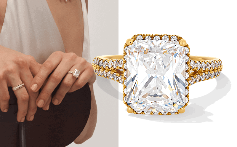 Radiant-cut diamond ring with halo and double pavé band in yellow gold, shown on model and close-up.