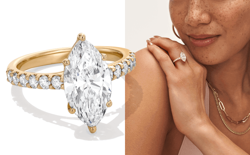 Marquise-cut diamond ring in yellow gold with pavé band, shown on model and close-up.