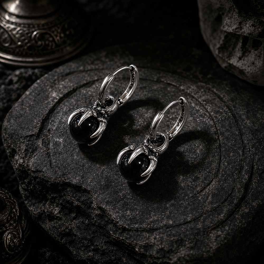 Image of Vintage Dragon Claw Black Agate Stainless Steel Earrings