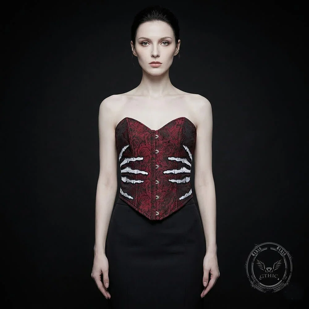Image of Retro Jacquard Gothic Skeleton Hand Embroidered Tube Top