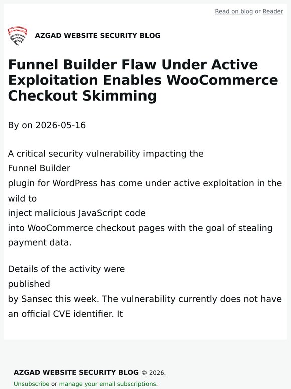 Funnel Builder Flaw Under Active Exploitation Enables WooCommerce Checkout Skimming