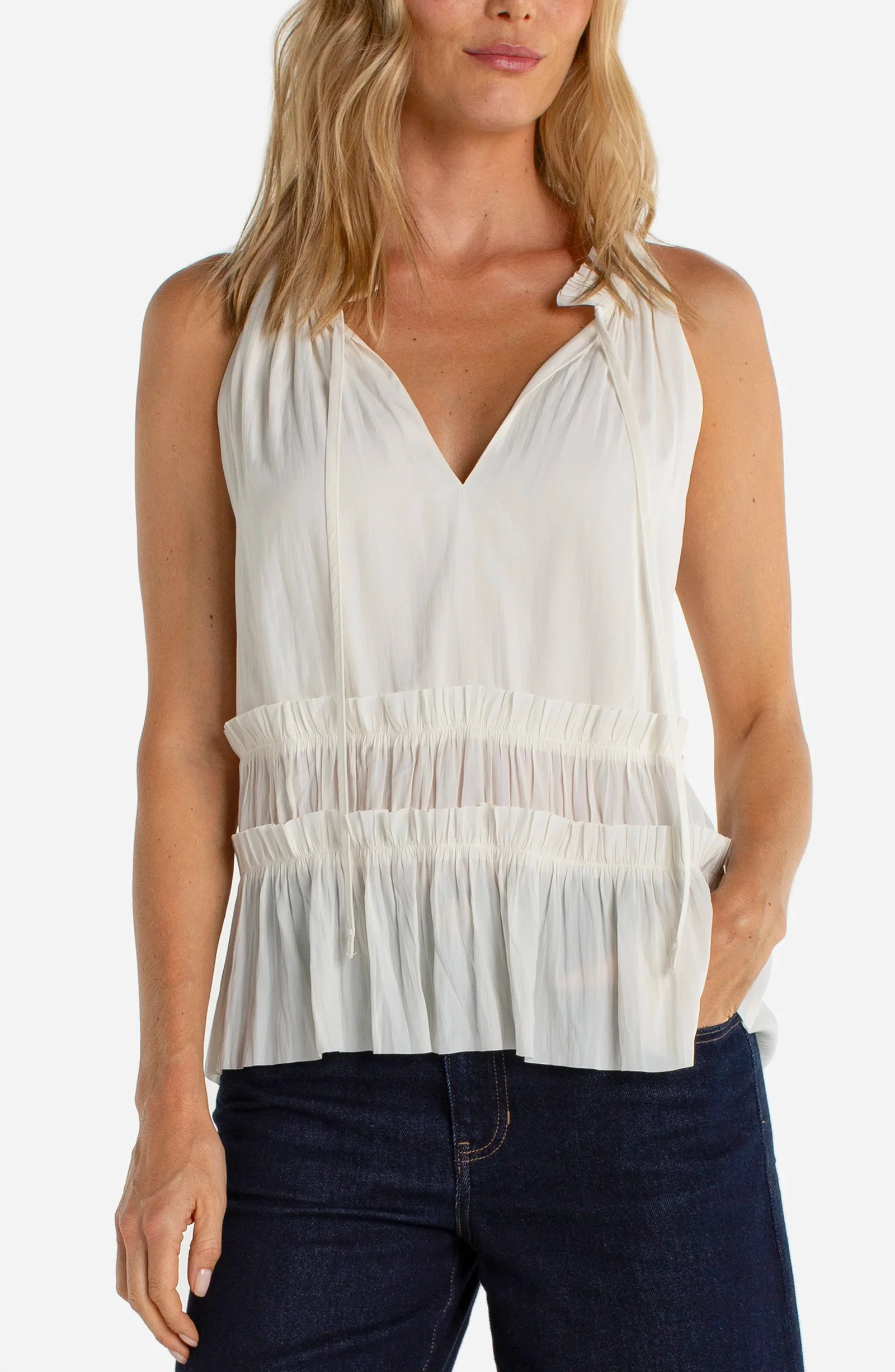 Image of SLEEVELESS WOVEN TOP WITH RUFFLES