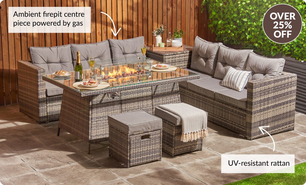 Over 25% off. Ambient firepit centre piece powered by gas. UV-resistant rattan.