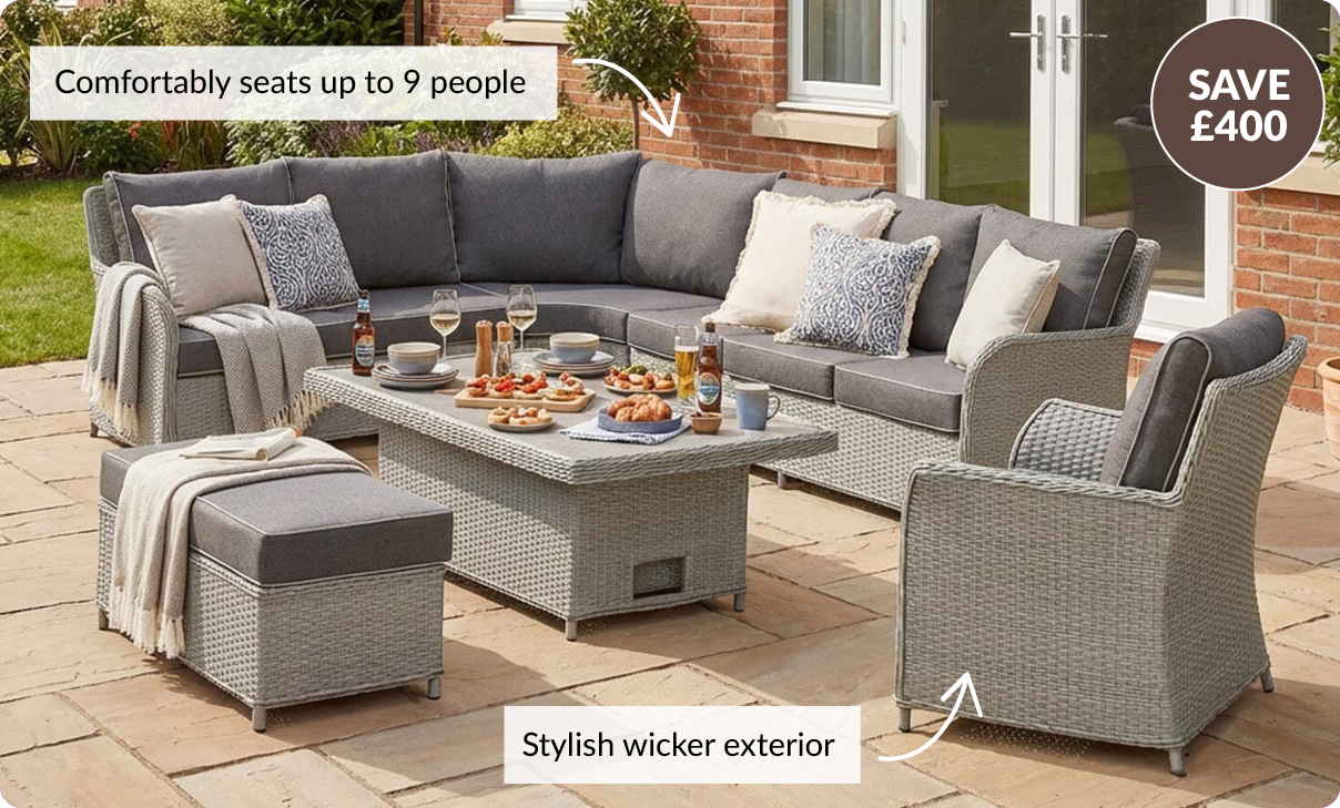save £400. Comfortably seats up to 9 people. Stylish wicker exterior