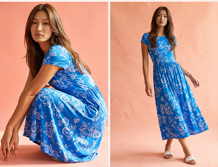 Blue Floral Print Midi Stretch Dress