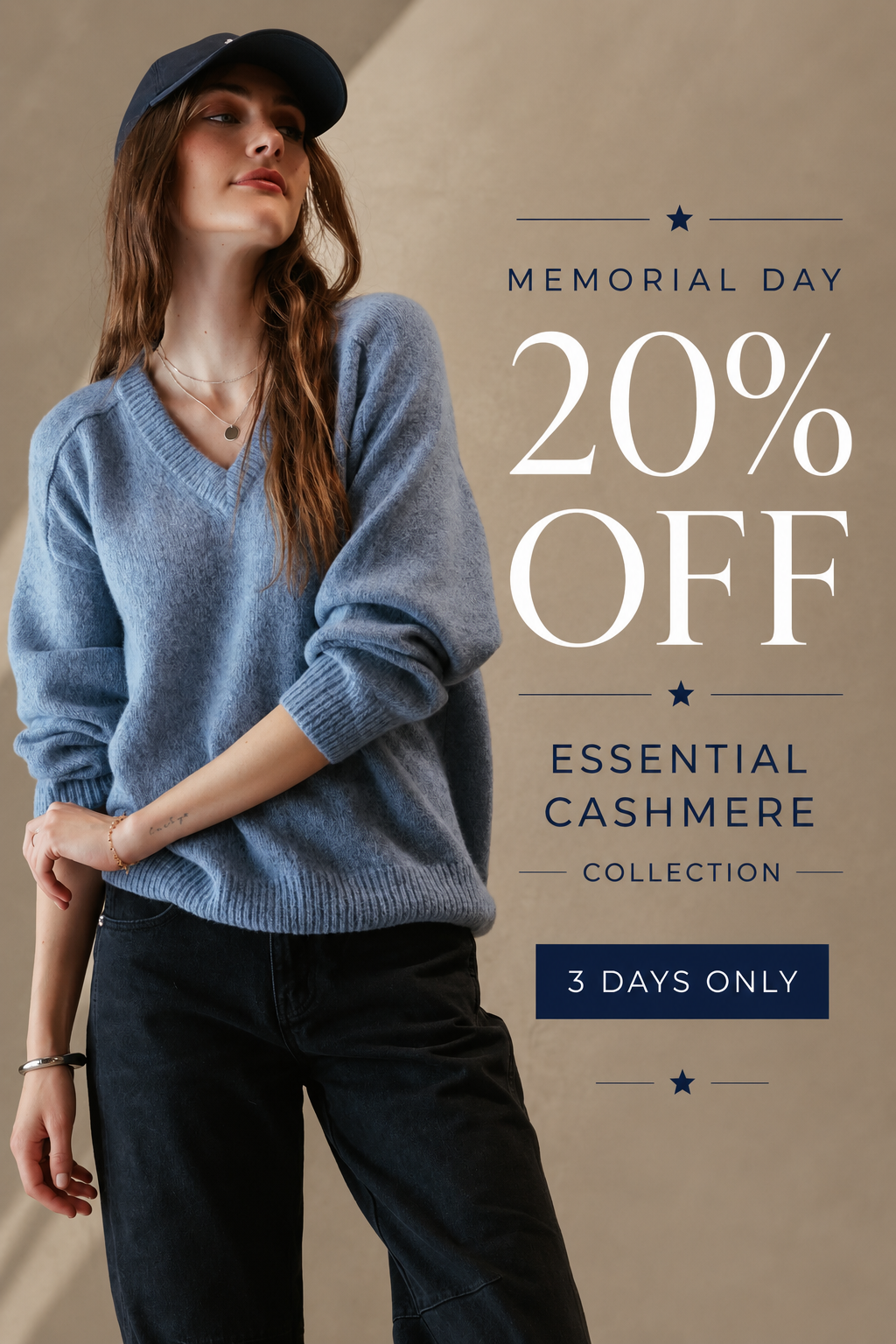 A lady wearing blue cashmere sweater