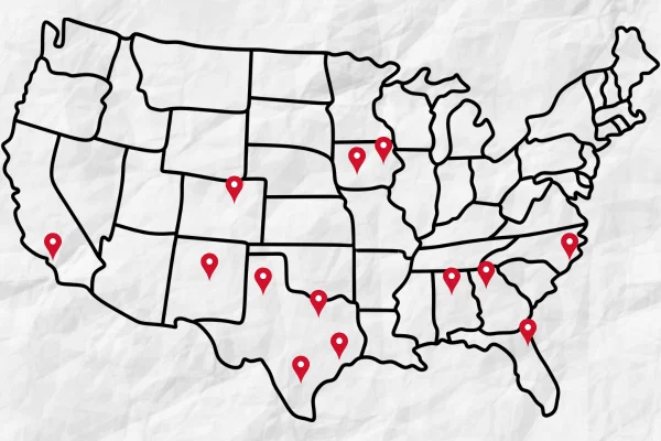 Map of the United States with red location pins marking multiple workshop locations across the country.