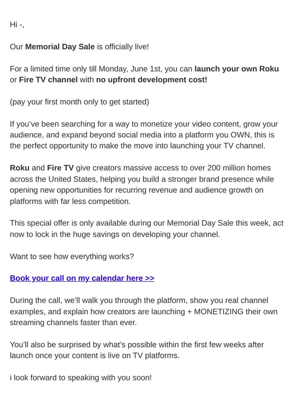 Memorial Day Sale - Launch Your TV Channel with No Upfront Development Cost