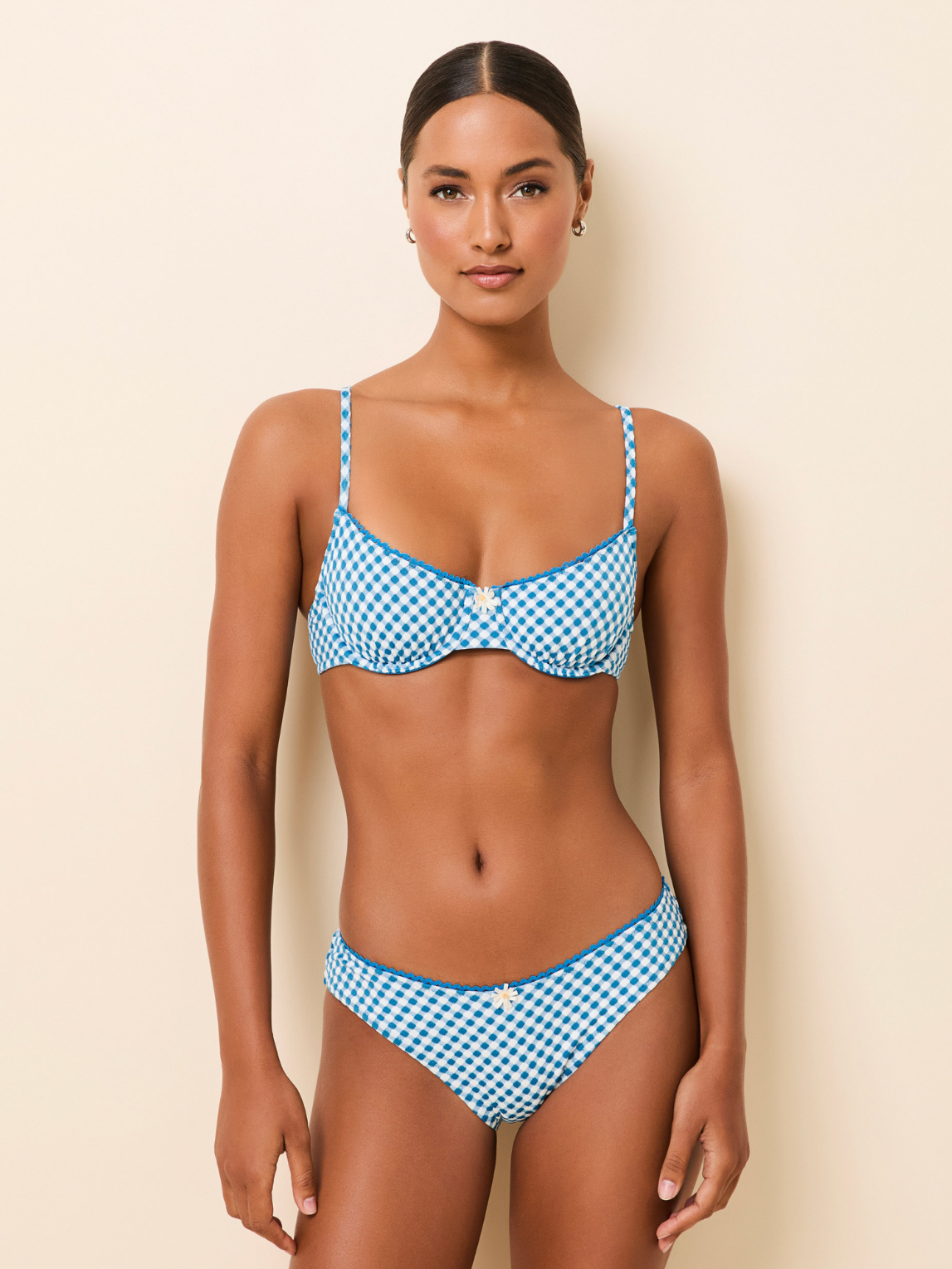 Woman in blue and white bikini